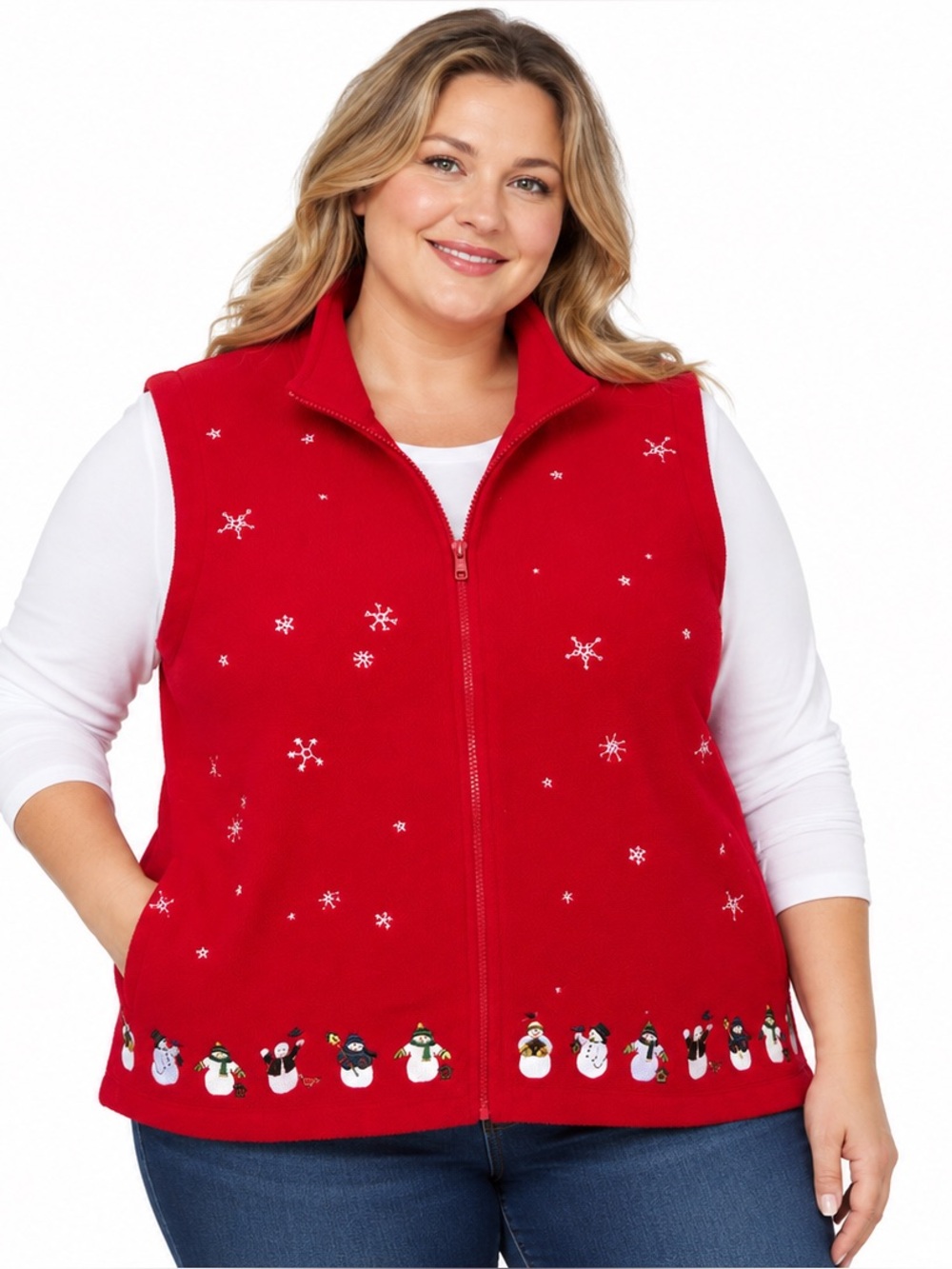 Vintage C.J. Banks 2X Red Fleece Snowman Christmas Vest Snowflakes 2005